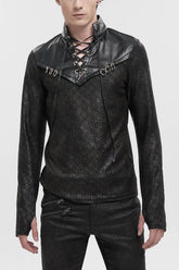 Black Stand Collar Long Sleeves Faux Leather Splice Men's Gothic Shirt
